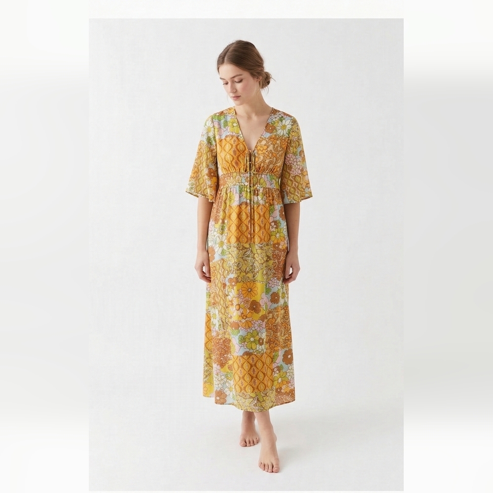 Emma & Michelle Dress Maxi Orange Blue Hippie Retro Festival S NWOT